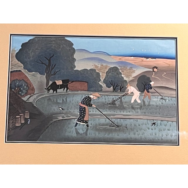 Vintage Japanese Woodblock Print Farmers Rice Paddy Framed 19x14 Minato Trading For Sale - Image 6 of 6