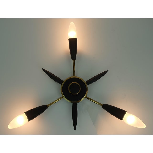 Mid-Century Modern Sputnik Three-Light Ceiling Fixture in Brass and Dark Grey Metal, 1950s For Sale - Image 4 of 11