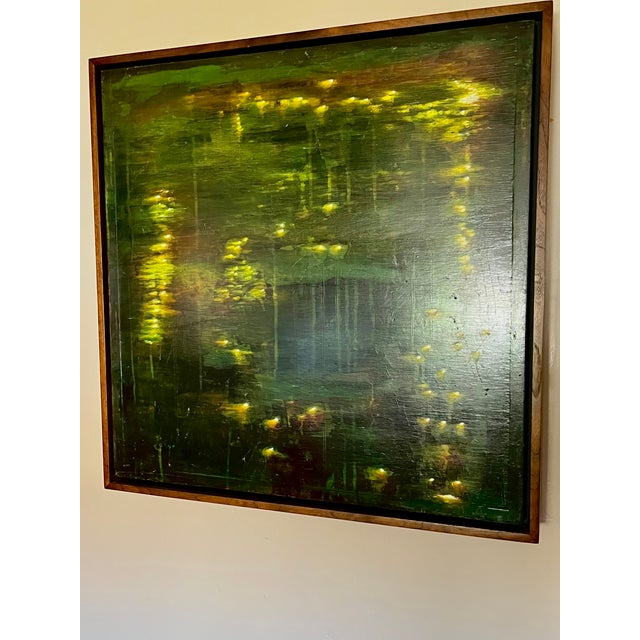 This is an evocative oil painting on board of what appears to be a moody lily pond in semi-darkness. It was purchased from...