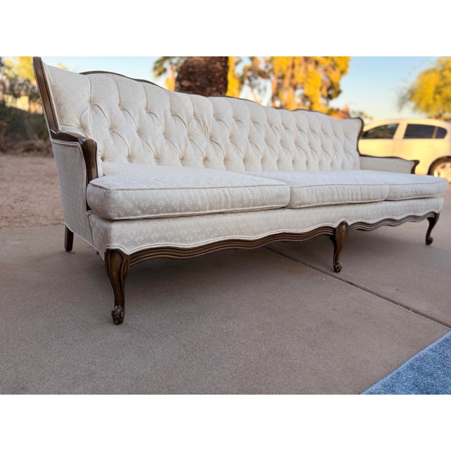 Wood Vintage Attributed Bassett Furniture - Chalons Collection -Tufted French Provincial Sofa in Sequoia Cherry For Sale - Image 7 of 9
