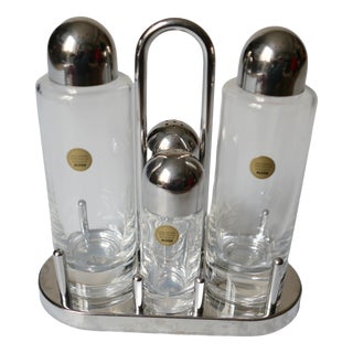 Salt and Pepper with Vinegar and Oil Set in Glass and Metal by Ettore Sottsass for Alessi, 1980, Set of 5 For Sale