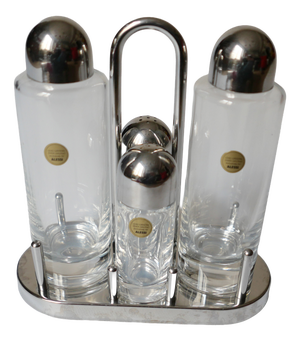 Salt and Pepper with Vinegar and Oil Set in Glass and Metal by Ettore Sottsass for Alessi, 1980, Set of 5