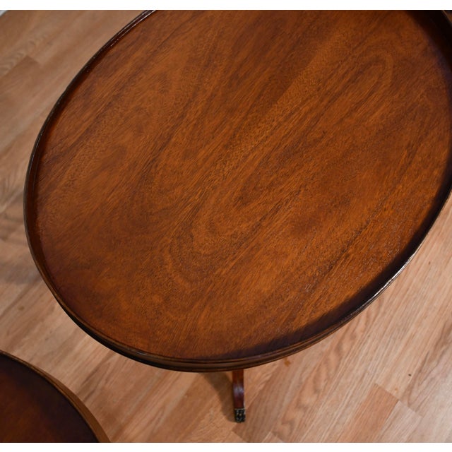 English 1940s Mersman Duncan Phyfe Style Mahogany Lyre Base Pair of Side Tables / End Tables For Sale - Image 3 of 15