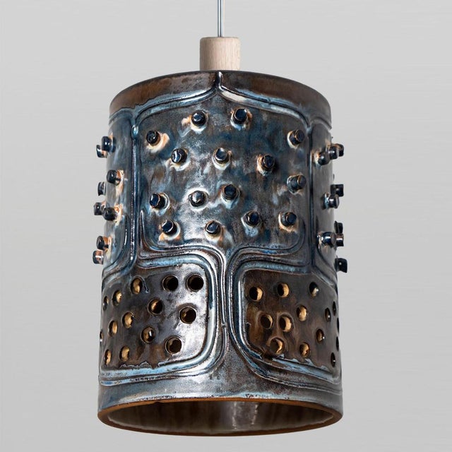 Blue Danish Cylinder Brown Blue Ceramic Pendant Light, 1970 For Sale - Image 8 of 15