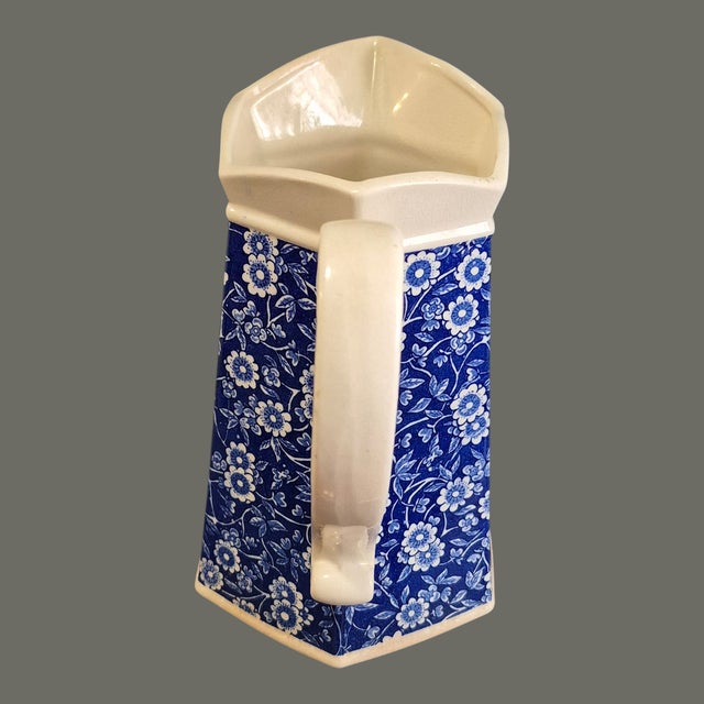 English Antique English Calico Blue & White Floral Stoneware Pitcher For Sale - Image 3 of 8