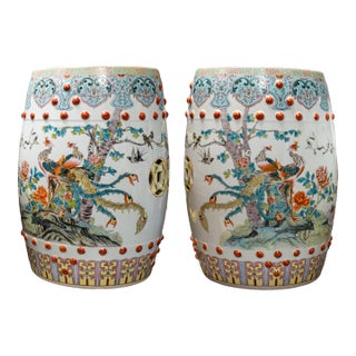1960s Chinese Porcelain Set of Two (2) Porcelain Famille Rose Garden Seats / Qing Dynasty Porcelain Garden Seats For Sale