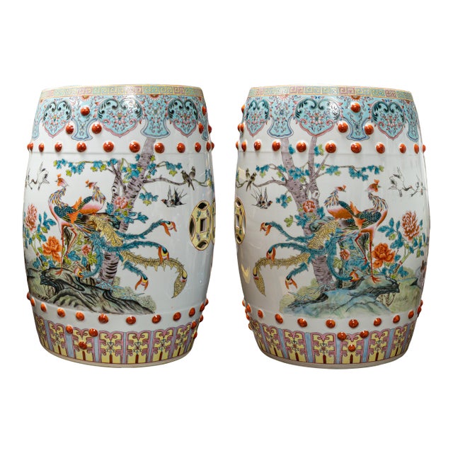 1960s Chinese Porcelain Set of Two (2) Porcelain Famille Rose Garden Seats / Qing Dynasty Porcelain Garden Seats For Sale