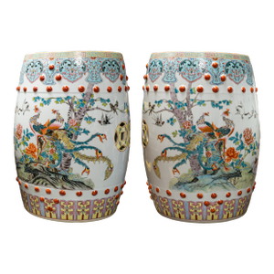 1960s Chinese Porcelain Set of Two (2) Porcelain Famille Rose Garden Seats / Qing Dynasty Porcelain Garden Seats