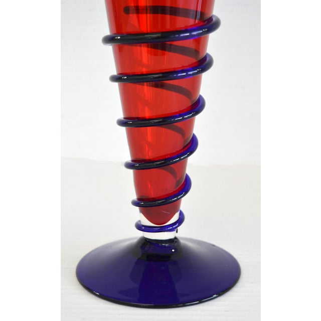 Glass Signed Murano Blown Red Blue Swirl Art Glass Vase Italy For Sale - Image 7 of 12