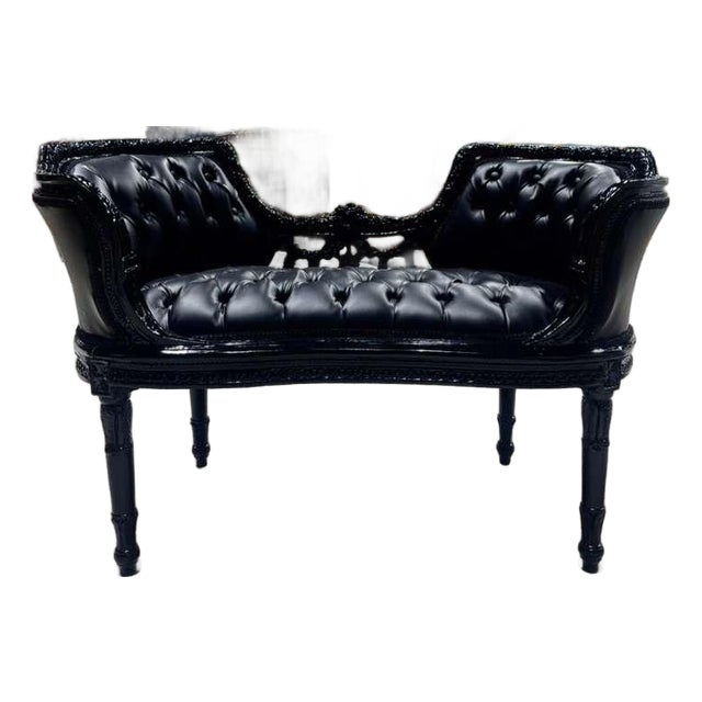 Rococo Tufted Black Leather Bench For Sale
