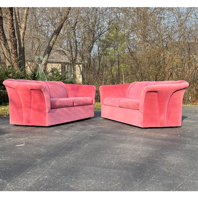 1980s Postmodern Sculpted Art Deco Style Pink Velvet Sofas by Carson’s - a Pair For Sale - Image 12 of 12