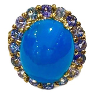 Bochic “Capri” Vintage Blue Opal & Lilac Tanzanite Cocktail Ring - 18K Gold & Si For Sale