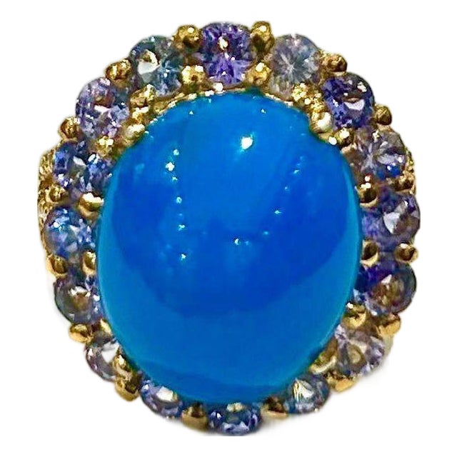 Bochic “Capri” Vintage Blue Opal & Lilac Tanzanite Cocktail Ring - 18K Gold & Si For Sale
