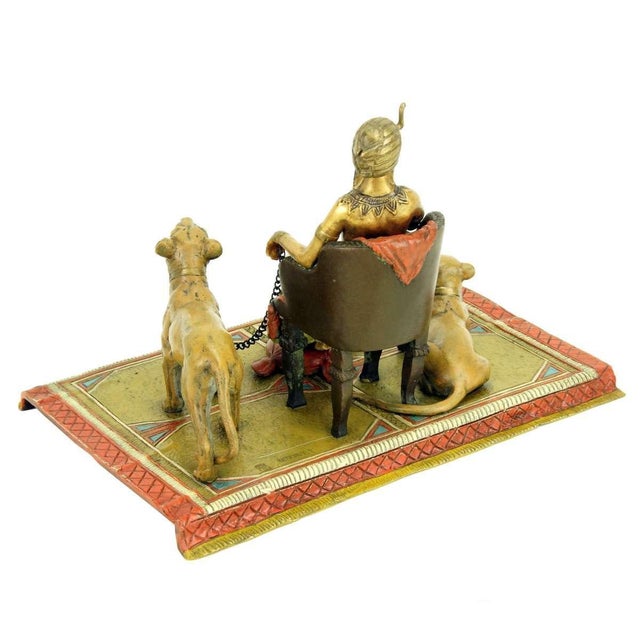 Orientalist Polychrome Bronze Pharaoh Sculpture with Lionesses For Sale - Image 9 of 13
