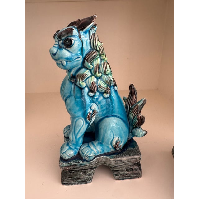 Vintage Turquoise Glazed Ceramic Japanese Foo Dogs, Made in Japan, C. 1960s - A Pair For Sale - Image 4 of 10