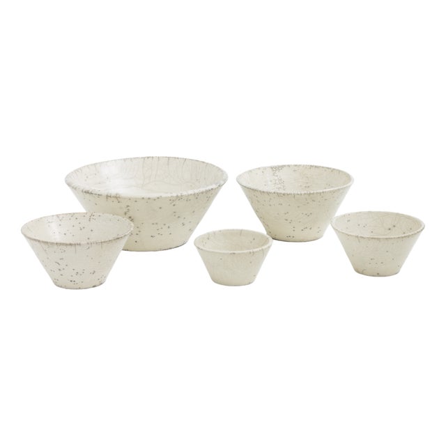 Japanese Minimalistic Crackle White Raku Ceramics Moon Bowls by Laab Milano, Set of 5 For Sale