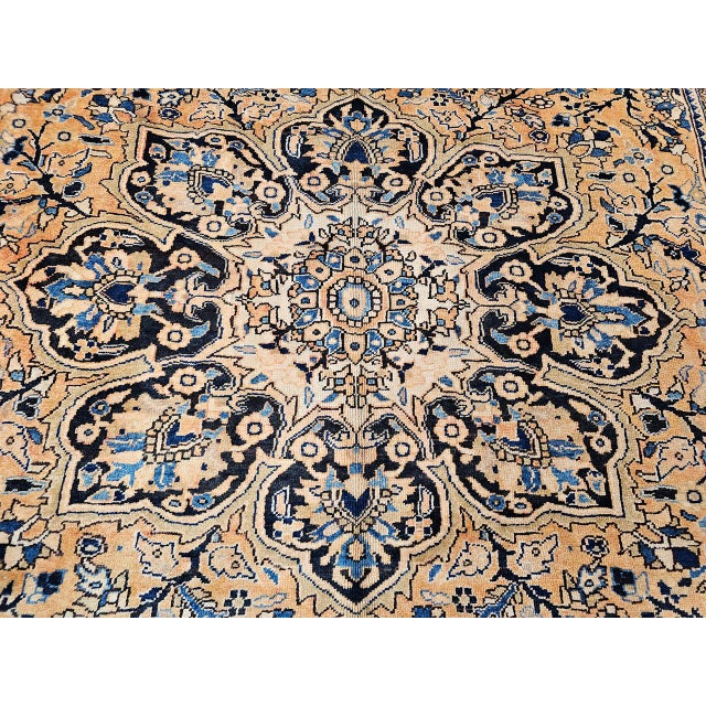 Vintage Persian Heriz Rug, Hand-Knotted Wool, Geometric Medallion Pattern,Tan & Navy, 9x13 For Sale - Image 17 of 18