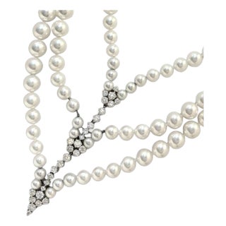 Fine Mikimoto Pearl 6-8 Mm & 34 Diamond Necklace in 18 Karat White Gold For Sale