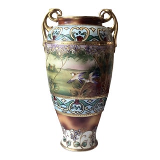 Vintage Japanese Hand Painted Porcelain Vase, Bird-Design, 12 3/4” T For Sale