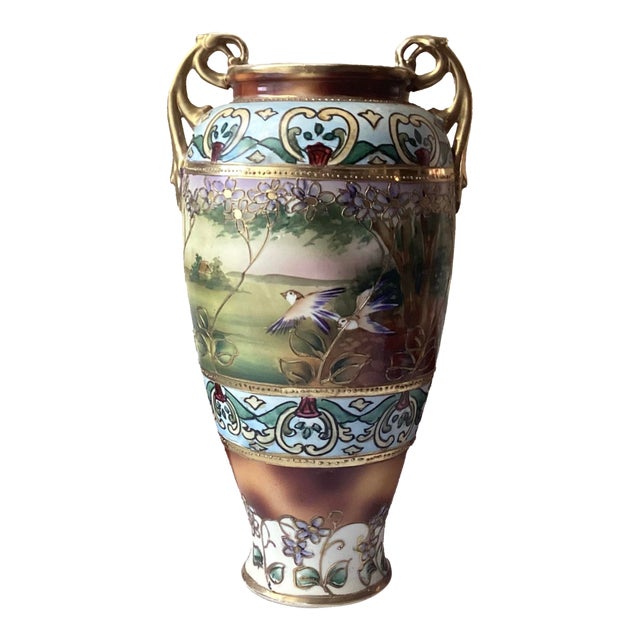 Vintage Japanese Hand Painted Porcelain Vase, Bird-Design, 12 3/4” T For Sale