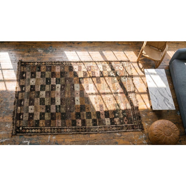 Brown 1920s Checks Tribal Antique S. Persian Gabbeh Rug 4'3" X 8'8' Handknotted Wool Carpet For Sale - Image 8 of 8