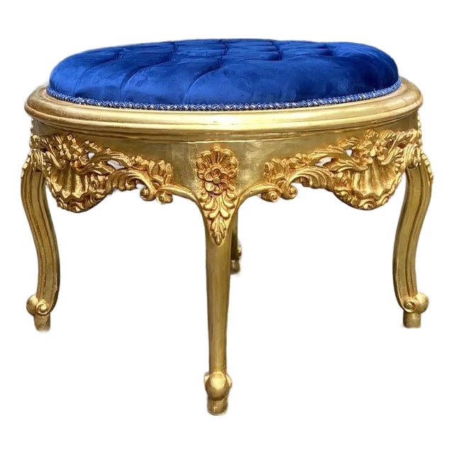 1980s Italian Rococo Gilt Blue Velvet Beech Bench For Sale