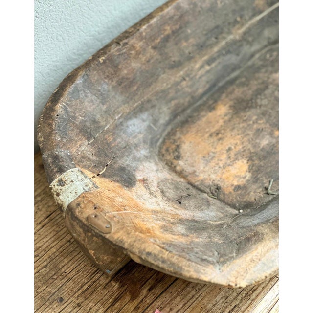 Early 20th Century Antique Eastern European Hand-Carved Wooden Dough Bowl With Original Metal Repairs For Sale - Image 5 of 6