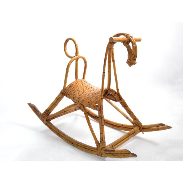 Original Franco Albini Mid-Century Modern Rattan and Bamboo Rocking Horse, Animal Sculpture. Rattan and bamboo rocking...