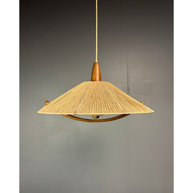 1960s Large Mid-Century Teak and Sisal Cord Pendant Light from Temde Leuchten, 1960s For Sale - Image 5 of 11