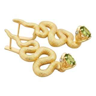 Massive Snake Earrings With Peridots in Opened Mouth, Pair For Sale