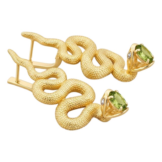 Massive Snake Earrings With Peridots in Opened Mouth, Pair For Sale