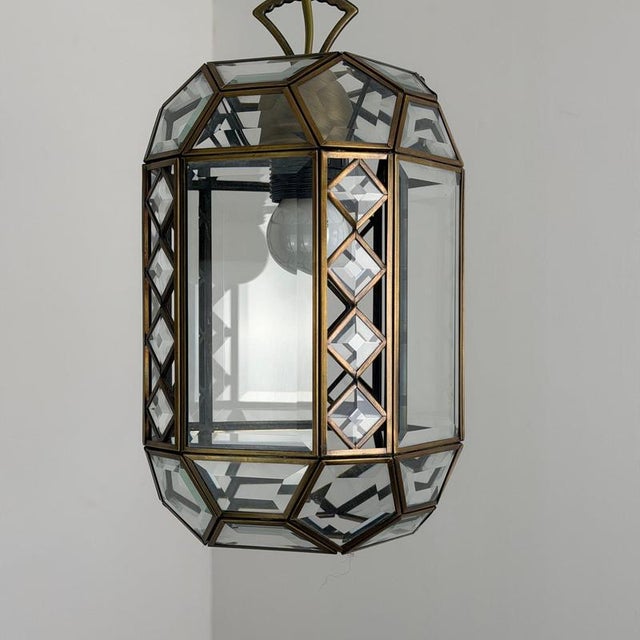 Art Deco Italian Revival Brass and Beveled Glass Lantern, 1970s For Sale - Image 14 of 18