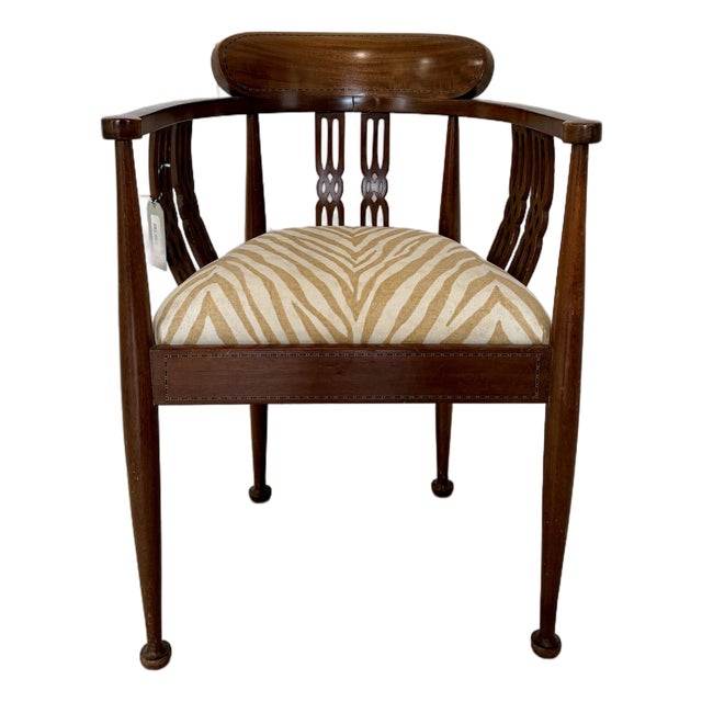 Vintage Cheraton Style Inlaid Mahogany Accent Chair with new designer upholstery For Sale