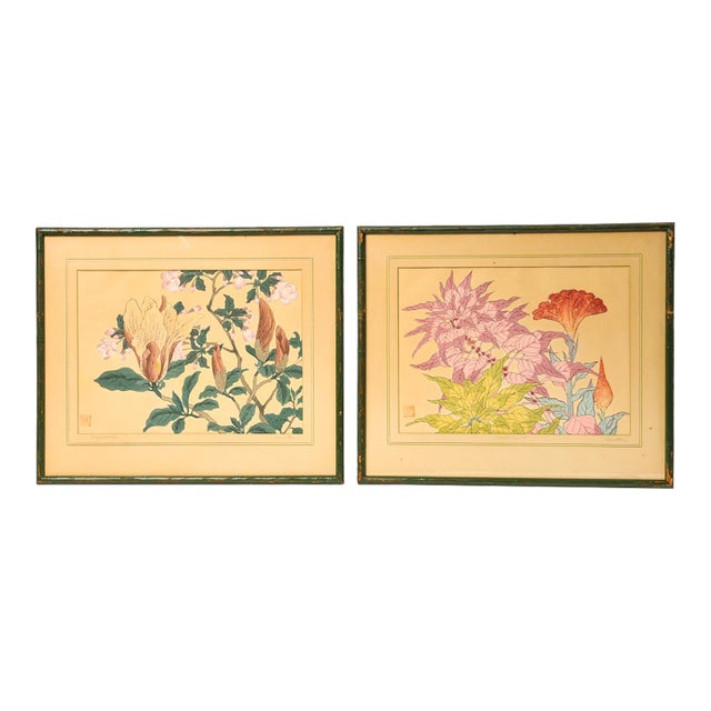 Vintage Japanese Woodblock Prints Pair - Mid Century Sakai Hoitsu Framed Art Set For Sale