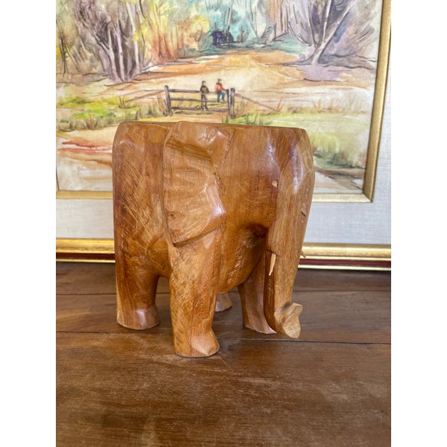 Vintage Hand-Carved Wooden Elephant Sculpture Figurine, Wood Decorative Animal Figure For Sale In Seattle - Image 6 of 11