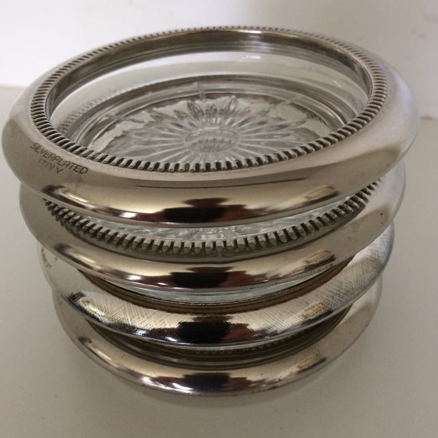 Vintage Italian Crystal Silver Plated Rim Coasters by Leonard - Set of