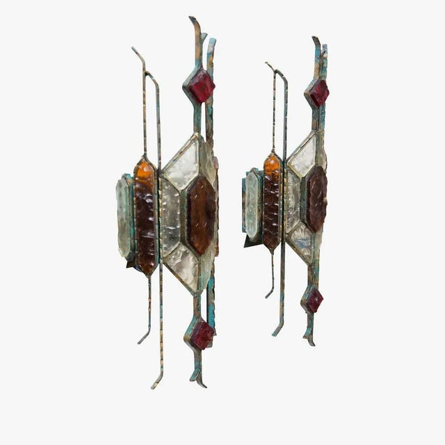 Pair of Hammered Glass on wrought Wall Lights By Longobard This piece is attributed to the mentioned designer/maker. It...