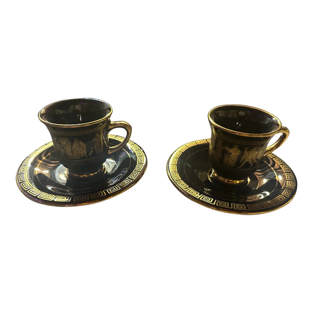 1970s Spyropoulos 24kt Greek Key Tea Cup & Saucer Set- 4 Pieces