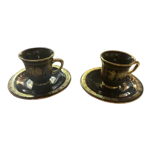 1970s Spyropoulos 24kt Greek Key Tea Cup & Saucer Set- 4 Pieces