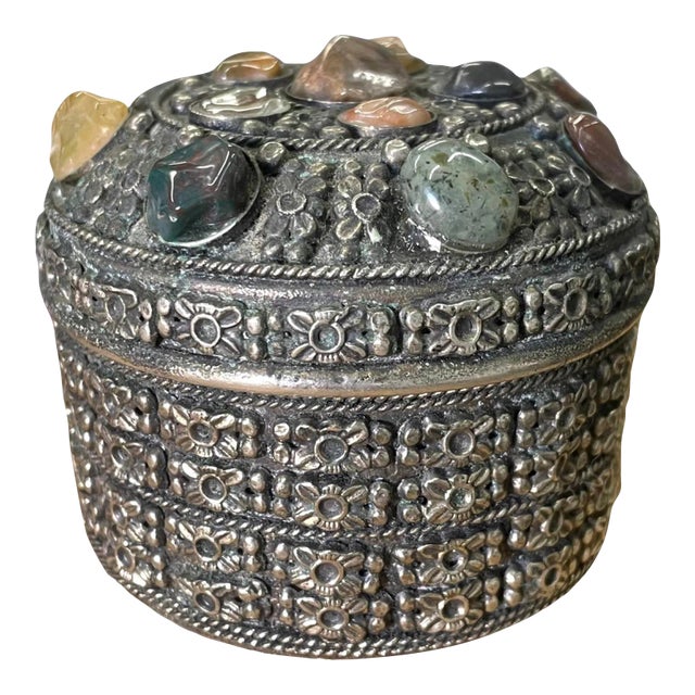 Vintage Moroccan Jewelry Trinket Box With Semi-Precious Decorative Stones For Sale
