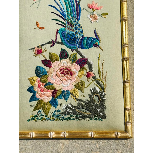 Vintage Chinoiserie Embroidered Silk Panel in Faux Bamboo Frame For Sale In Charleston - Image 6 of 12