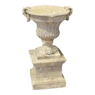 Large English Garden Stone Urn or Planter Pot on Square Plinth Base For Sale