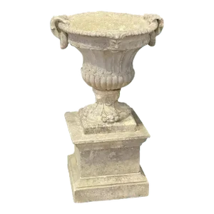 Large English Garden Stone Urn or Planter Pot on Square Plinth Base