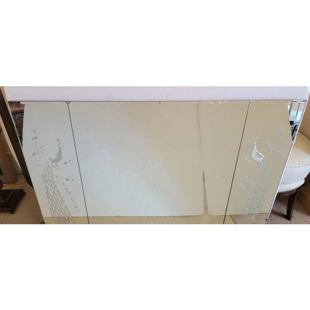 Very large in size and subtle with its etched decoration, a vintage monumental 3 panel mirror having lovely etched...