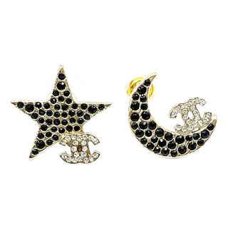 Chanel Super Rare Star Moon Black Crystal CC Small Piercing Earrings ,2 Pieces For Sale