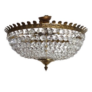 Antique French Brass and Crystal 4-Light Chandelier, 1940s For Sale