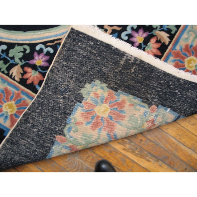 1920s Black Floral Medallion Antique Chinese Art Deco Rug 9' X 12' Handknotted Wool Carpet For Sale In New York - Image 6 of 6