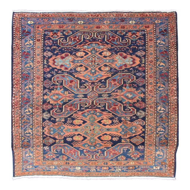 Early 20th Century Antique Caucasian Sumac Rug in Varying Colors of Orange and Blue For Sale