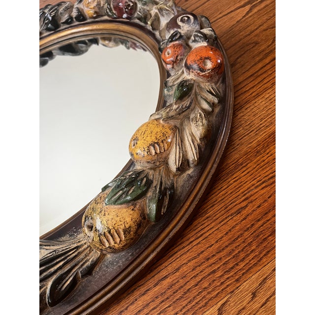 Vintage La Barge Hand-Carved & Hand-Painted Italian Fruit Motif Beveled Round Wall Mirror, 30⅛" For Sale - Image 10 of 12