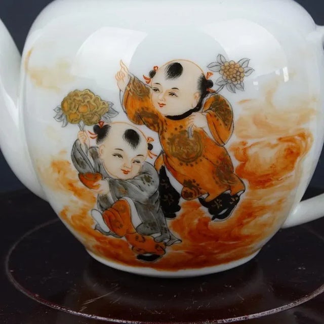 Ceramic Chinese Vintage Porcelain Tea Pot China Famille Rose Porcelain Tea Pot Hand Painted Ink Color With Gold Tracery Children Pattern For Sale - Image 7 of 8